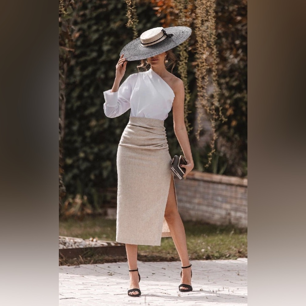 Draped Linen Blend Skirt in Light Beige, Sand Color - Size L